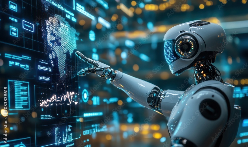 Fototapeta premium Futuristic Robot Analyzing Digital Data Interface