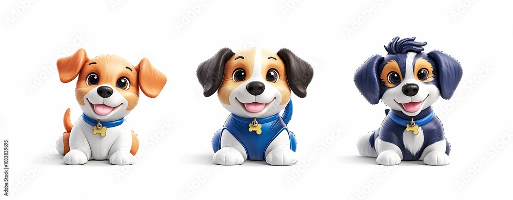 Obraz premium Adorable cartoon dogs with playful expressions and colorful accessories for a fun and happy atmosphere