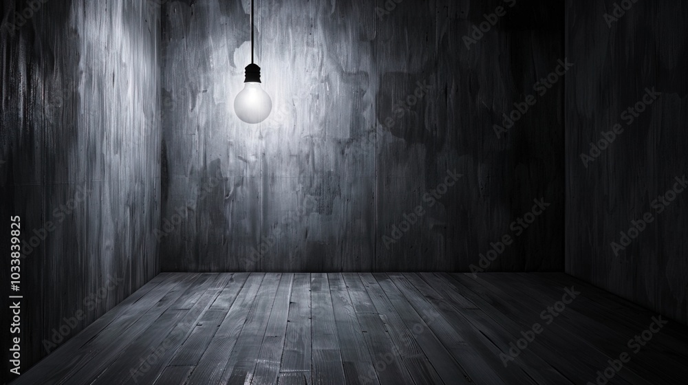 Dark empty room with single flickering light bulb casting long shadows, emphasizing absence of power and eerie atmosphere, minimalist setting with focus on light bulb's glow. Dark empty room with single flickering light bulb casting long shadows, emphasizing absence of power and eerie atmosphere, minimalist setting with focus on light bulb's glow.