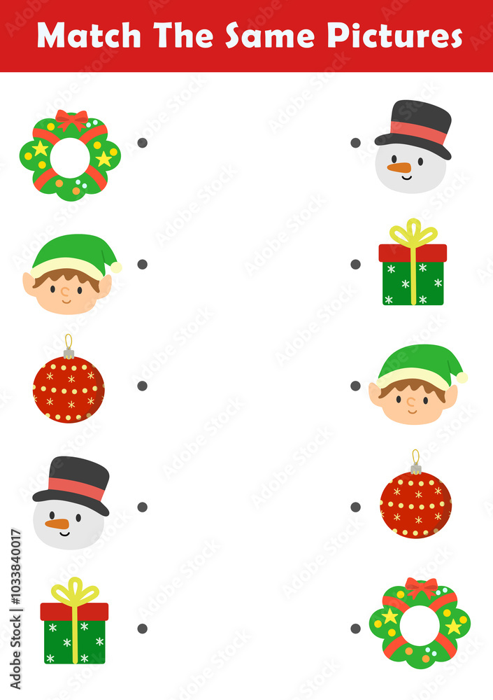 Christmas activity sheet. Find same picture worksheet for kids. Worksheet for kids kindergarten, preschool and school age. Education game for children with cute christmas illustration. Christmas activity sheet. Find same picture worksheet for kids. Worksheet for kids kindergarten, preschool and school age. Education game for children with cute christmas illustration.
