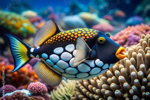 Fototapeta Naklejka Na Ścianę i Meble -  Colorful triggerfish swimming in vibrant coral reef