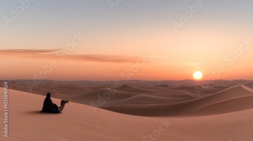 Wallpaper Mural Beneath a vibrant sunset, Bedouins ride camels across rolling dunes, silhouetted against the glowing horizon, creating a tranquil desert atmosphere Torontodigital.ca