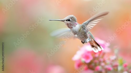 A hummingbird hovering near colorful flowers in a vibrant garden.