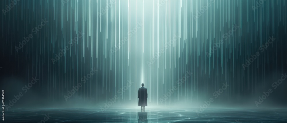 A person standing alone in a surreal, foggy light environment. A person standing alone in a surreal, foggy light environment.