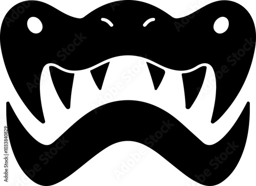 Stylized vector illustration of a fierce creature's face in black, featuring sharp teeth and expressive eyes, ideal for graphic designs.