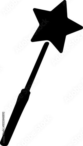 Minimalist vector image of a black magic wand with a star tip, ideal for fantasy themes and creative projects.