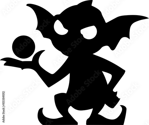 Vector silhouette of a mischievous goblin holding a sphere, ideal for fantasy-themed designs and illustrations.