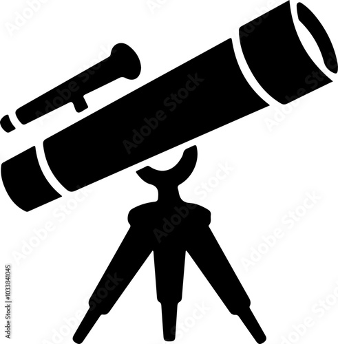 Black Vector Telescope Icon: A sleek design featuring a telescope on a tripod, ideal for astronomy and educational materials.