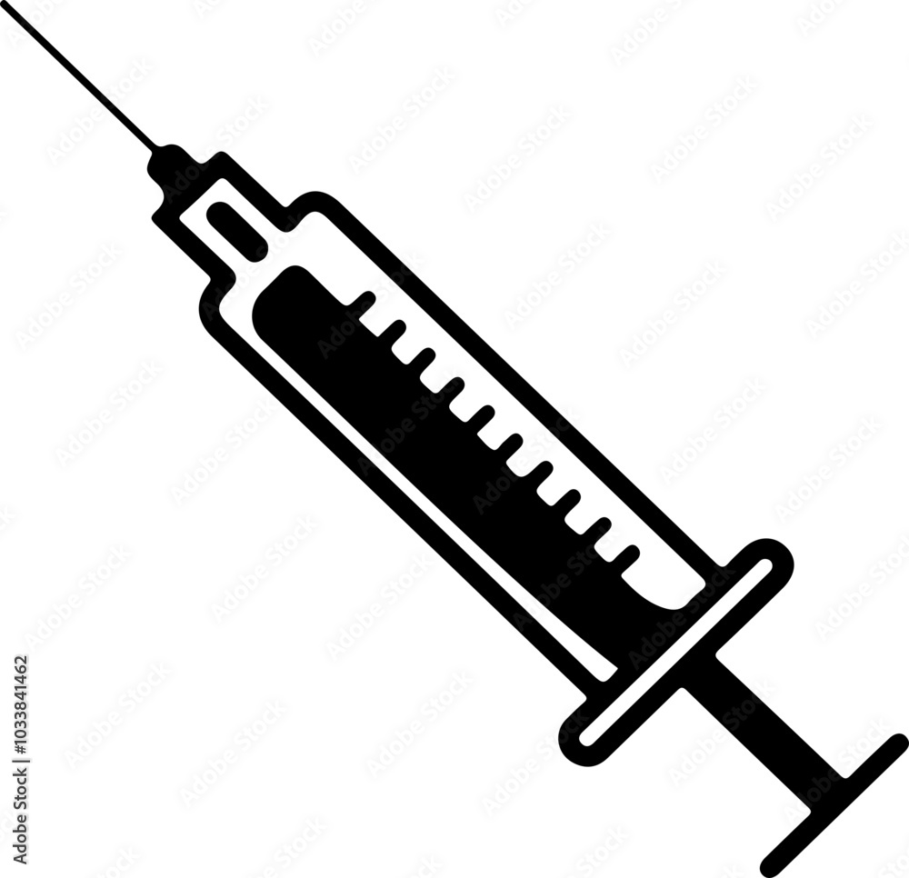 Minimalist black syringe illustration on white background, ideal for medical and healthcare designs, promoting vaccination or medical services. Minimalist black syringe illustration on white background, ideal for medical and healthcare designs, promoting vaccination or medical services.