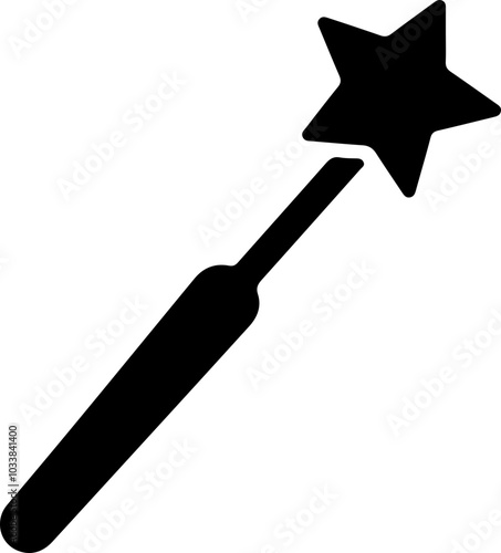 Illustrative black silhouette of a magic wand with a star for fantasy themes and creative projects.