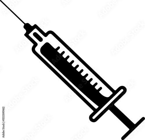 Minimalist black syringe illustration on white background, ideal for medical and healthcare designs, promoting vaccination or medical services.