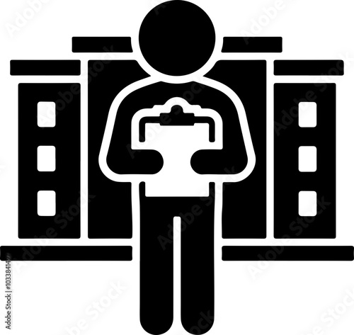 Simple vector icon of a person with a clipboard in front of building outlines, ideal for business presentations and reports.