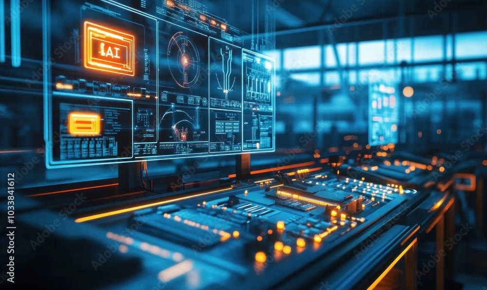 Futuristic Control Room with Holographic AI Interface Futuristic Control Room with Holographic AI Interface