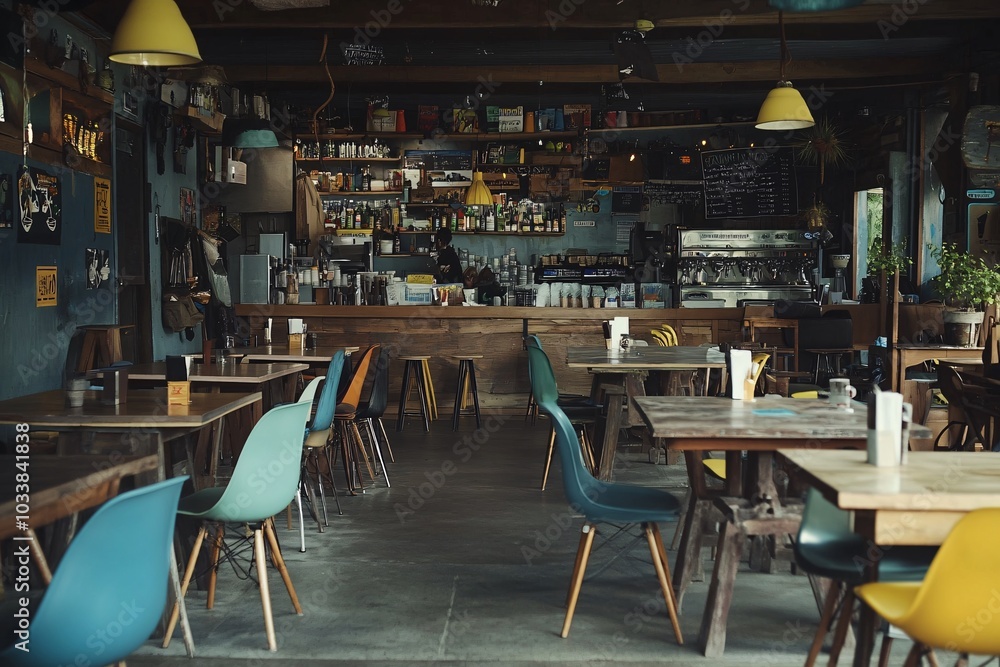 Obraz premium Rustic Cafe Interior with Wooden Tables and Vintage Chairs