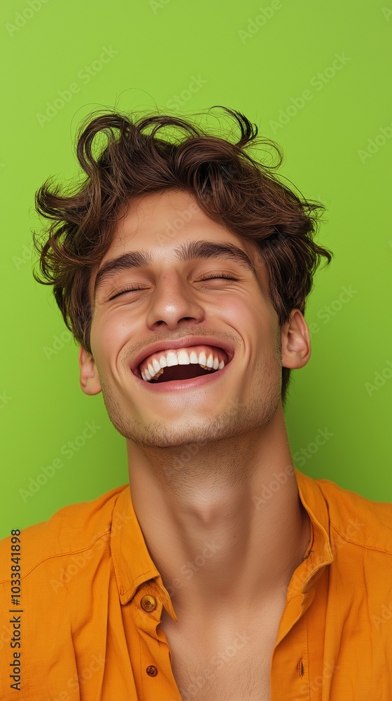 Extremely attractive man, dressed in green, who laughs and smiles. a backdrop of vivid, brilliant green. Extremely attractive man, dressed in green, who laughs and smiles. a backdrop of vivid, brilliant green.