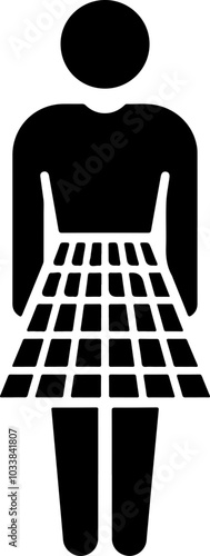 Minimalist vector silhouette of a woman in a patterned dress; suitable for fashion, gender representation, and design projects.