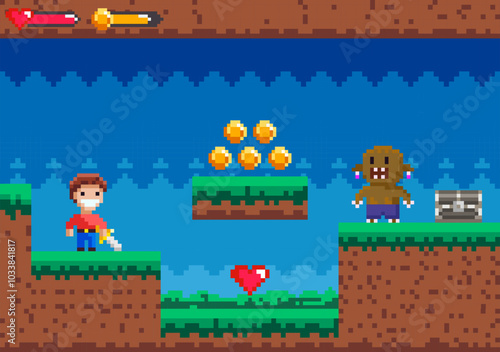 A pixel art scene shows a hero facing a monster. There are collectible coins, a heart at the center, and a treasure chest. Ideal for retro gaming, fantasy themes, pixel art lovers, game UI design