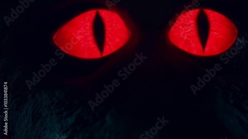 Fiery red demonic eyes glowing menacingly in the pitch-black darkness, adding a supernatural aura.