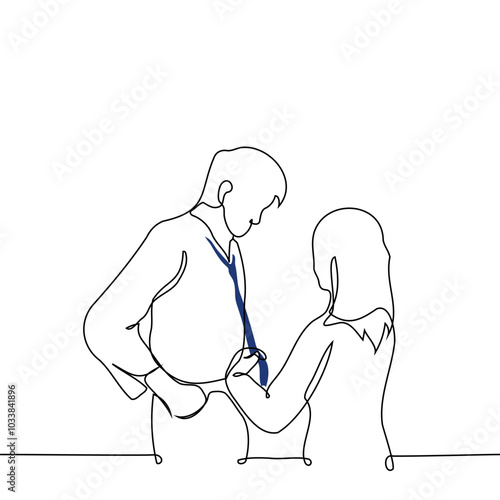woman tying a man's tie or flirting with him seducing - one line art vector. concept woman touching a tall man's tie