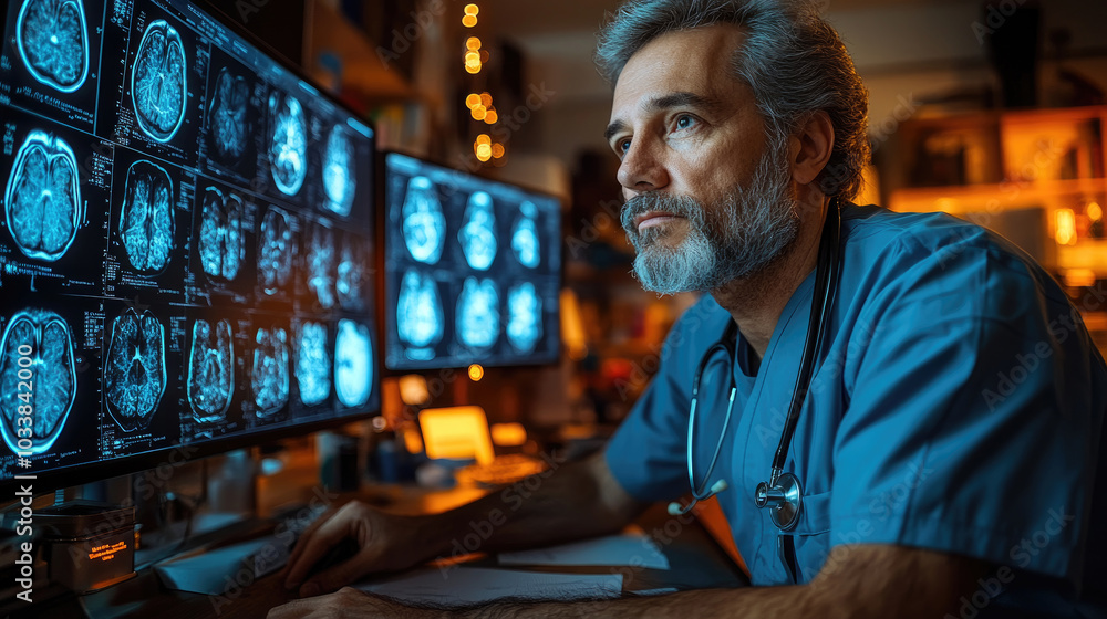 A doctor reviews brain scans attentively in a warm office, ensuring accurate diagnosis and providing care for patients during evening hours A doctor reviews brain scans attentively in a warm office, ensuring accurate diagnosis and providing care for patients during evening hours