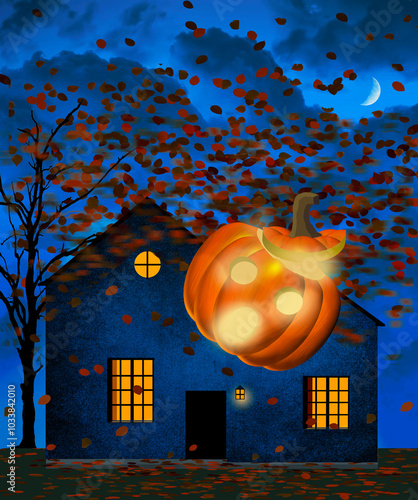 A jack-o-lantern is blown through the air on a very windy October night. Flying leaves and a country hoouse are seen in the background in this 3-d illustration about Halloween and weather. photo