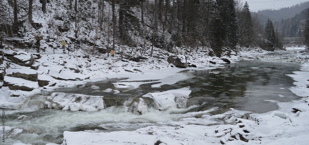 Snow-capped mountains of the Carpathians, river rapids of the Prut and spruce forest - Yaremche Snow-capped mountains of the Carpathians, river rapids of the Prut and spruce forest - Yaremche