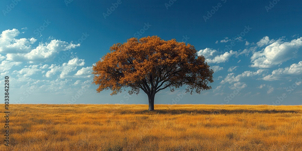 Fototapeta premium Vivid Tree in Expansive Yellow Field Beneath Deep Blue Sky