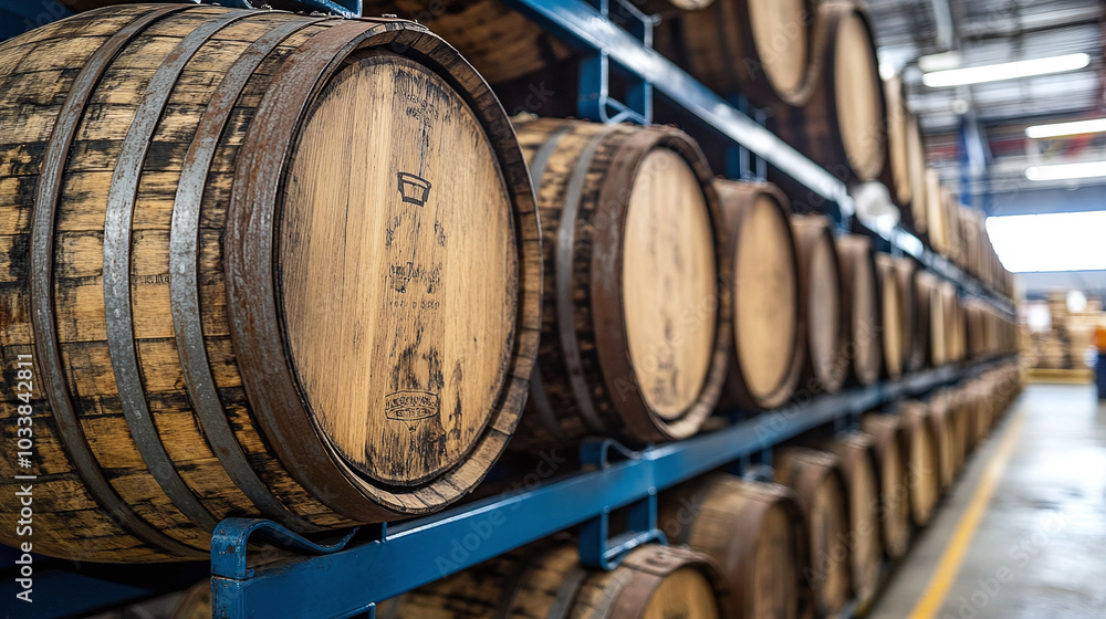 In a warehouse, old whiskey, scotch, and wine barrels are stacked. In a warehouse, old whiskey, scotch, and wine barrels are stacked.