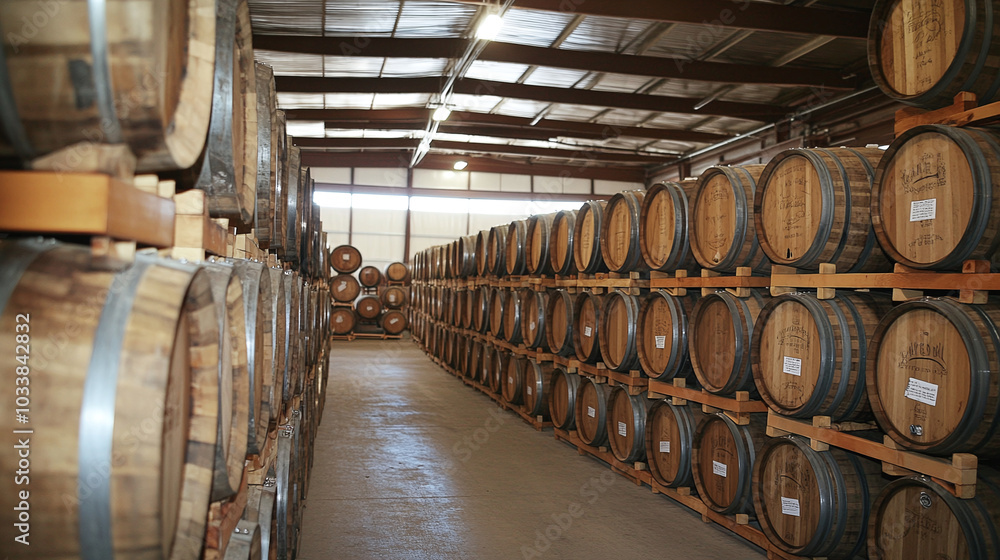 In a warehouse, old whiskey, scotch, and wine barrels are stacked. In a warehouse, old whiskey, scotch, and wine barrels are stacked.