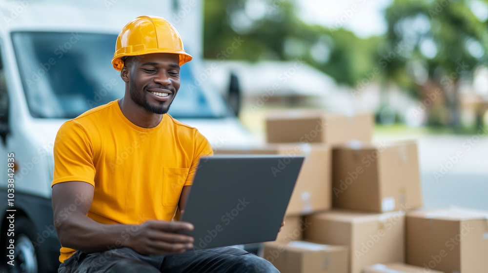smiling man in yellow hard hat and orange shirt uses laptop while sitting near delivery boxes, showcasing positive work environment in logistics smiling man in yellow hard hat and orange shirt uses laptop while sitting near delivery boxes, showcasing positive work environment in logistics
