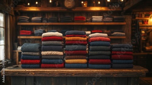 Neatly folded shirts and sweaters on shelves