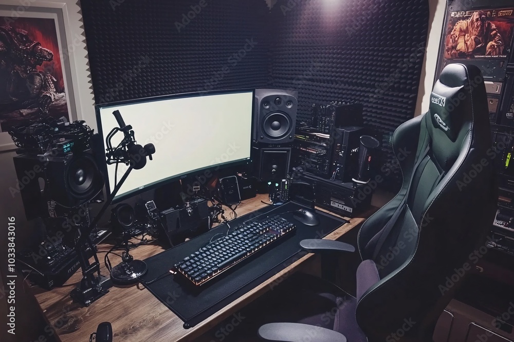Gaming Setup with Microphone and Studio Equipment Gaming Setup with Microphone and Studio Equipment