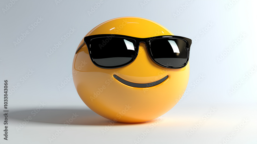 Smiling face with sunglasses three dimensional emoji. Cool emoticon isolated on white background Smiling face with sunglasses three dimensional emoji. Cool emoticon isolated on white background