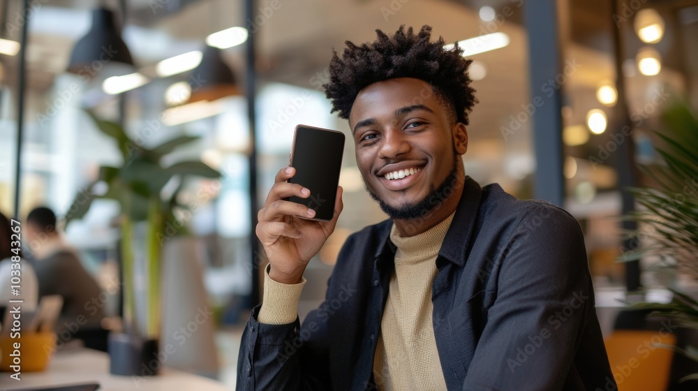 Smiling young entrepreneur talking on a smartphone at a modern workplace, simple composition with copy space. Smiling young entrepreneur talking on a smartphone at a modern workplace, simple composition with copy space.