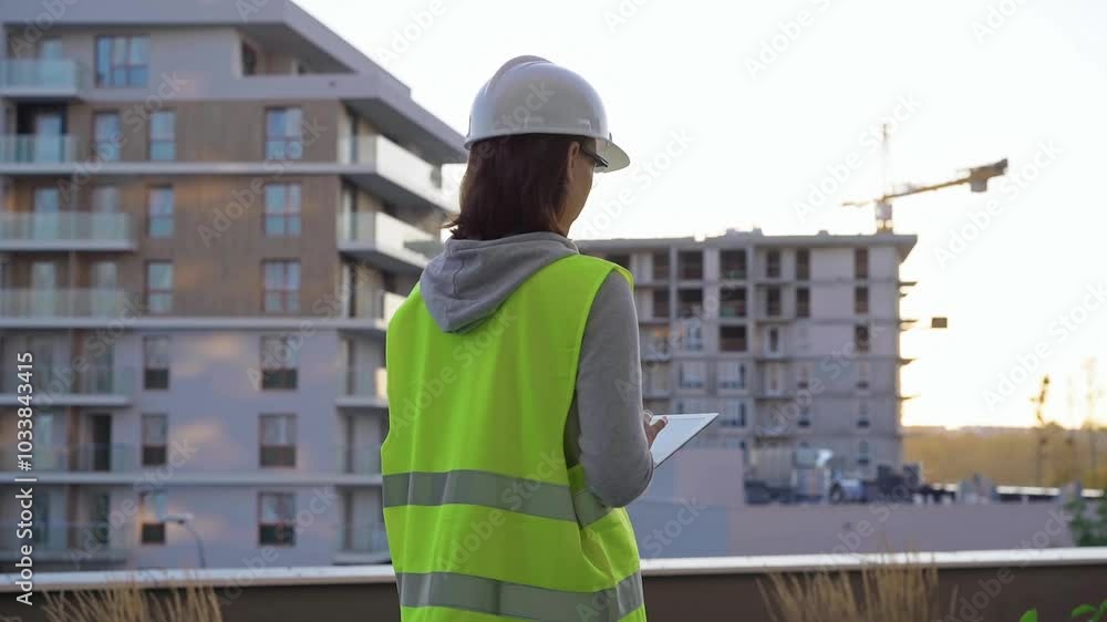 Female construction engineer is taking notes with a tablet computer while inspecting a construction site in the early morning at sunrise Female construction engineer is taking notes with a tablet computer while inspecting a construction site in the early morning at sunrise