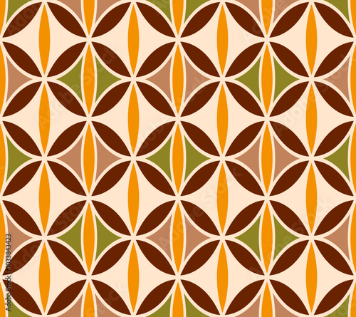 Retro midcentury circles petals geometrics brown Vector Pattern. Bohemian round geometrics in brown orange optical seamless pattern.