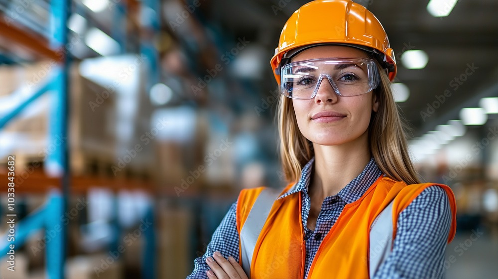 confident woman in safety gear stands in warehouse, showcasing her professionalism and readiness for work. Her orange vest and hard hat highlight her commitment to safety confident woman in safety gear stands in warehouse, showcasing her professionalism and readiness for work. Her orange vest and hard hat highlight her commitment to safety