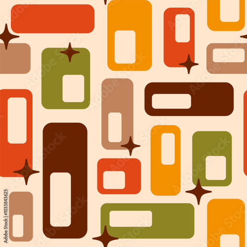 Retro Atomic oval capsules starbursts orange brown green Vector pattern. Mid-century modern style Atomic capsules seamless pattern.