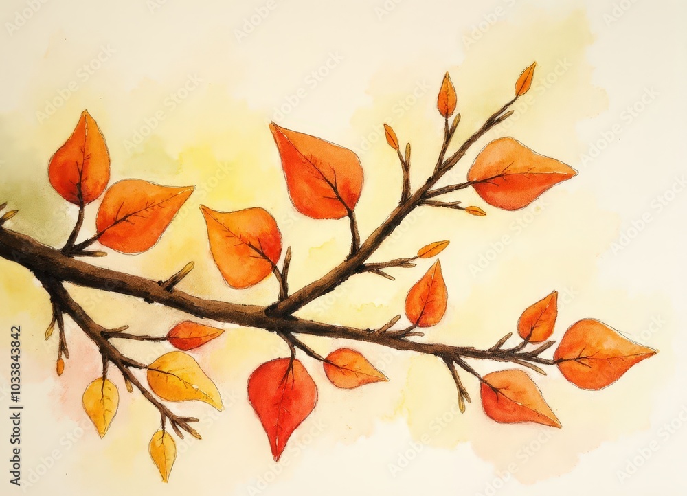 Watercolor Painting of Autumn Leaves on a Branch Watercolor Painting of Autumn Leaves on a Branch