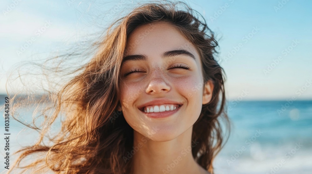 Happy woman with wavy hair enjoying time by the seaside, clean and minimalistic image with ample copy space. Happy woman with wavy hair enjoying time by the seaside, clean and minimalistic image with ample copy space.
