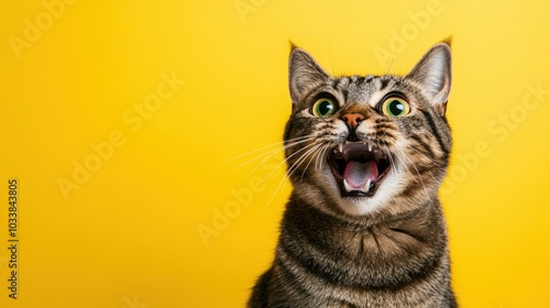 cat with wide eyes and open mouth, sitting on a yellow background with bright studio light