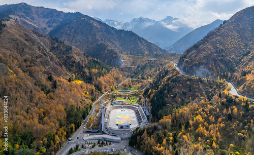 View from a quadcopter of the high-mountain skating rink 