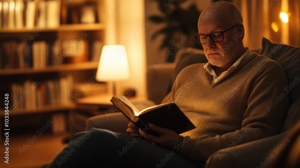 Older man in a cozy living room, holding a book and looking thoughtful, warm ambient lighting, subtle background of furniture in blur Older man in a cozy living room, holding a book and looking thoughtful, warm ambient lighting, subtle background of furniture in blur