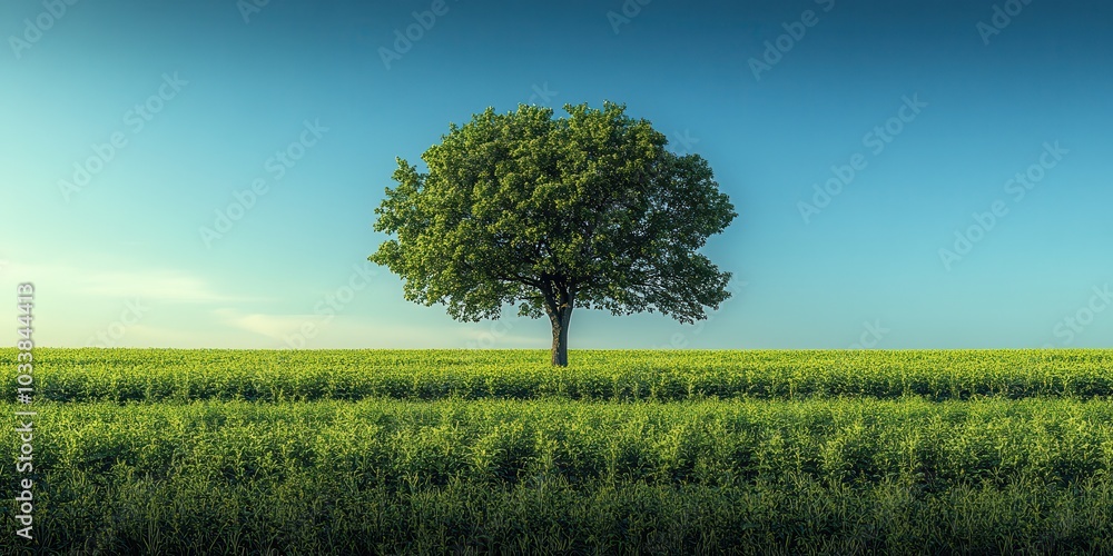 Obraz premium Lone Tree in a Vibrant Green Field