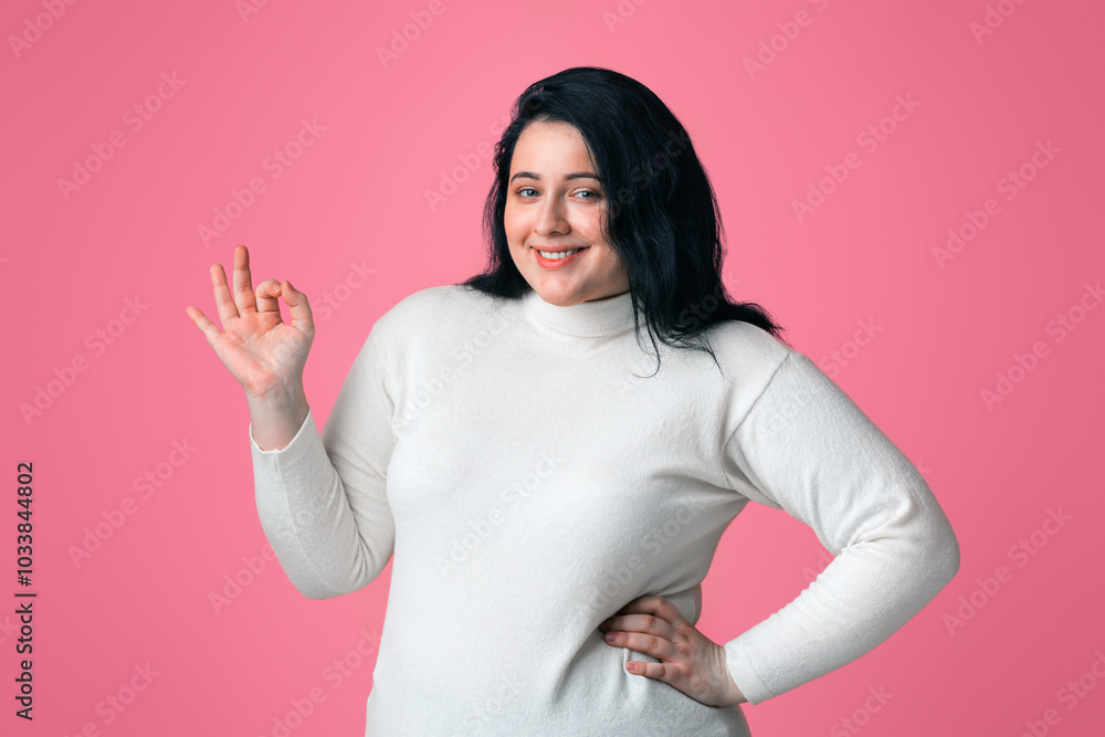 Plus Size Is Ok. Positive Plump Woman Gesturing Okay Sign, Posing And Smiling At Camera Over Pink Background, Panorama With Copy Space Plus Size Is Ok. Positive Plump Woman Gesturing Okay Sign, Posing And Smiling At Camera Over Pink Background, Panorama With Copy Space