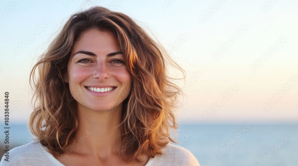 Close-up of a smiling woman with wavy hair at the seaside, minimal background with copy space focusing on her expression. Close-up of a smiling woman with wavy hair at the seaside, minimal background with copy space focusing on her expression.