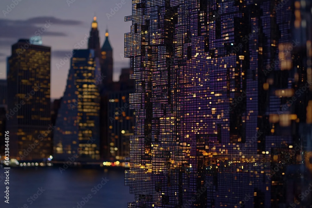 Fototapeta premium Modern Skyscrapers Illuminated at Night: A Cityscape of Lights