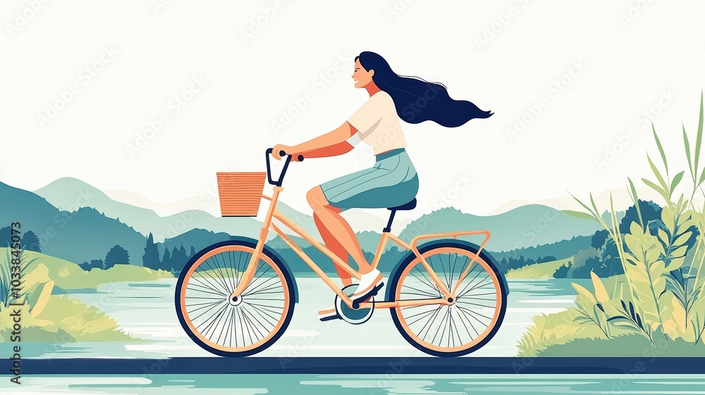 Fototapeta premium A woman rides a bicycle along a scenic path beside a lake, surrounded by lush greenery and mountains, enjoying a peaceful outdoor moment.