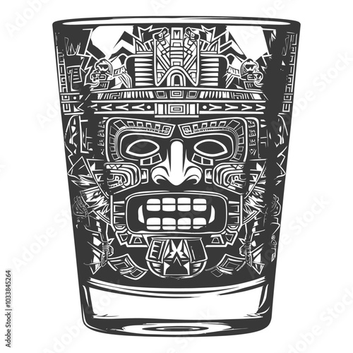 Glass with a stylized Mayan mask design