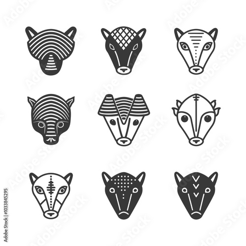 Geometric Animal Faces Set in Black and White